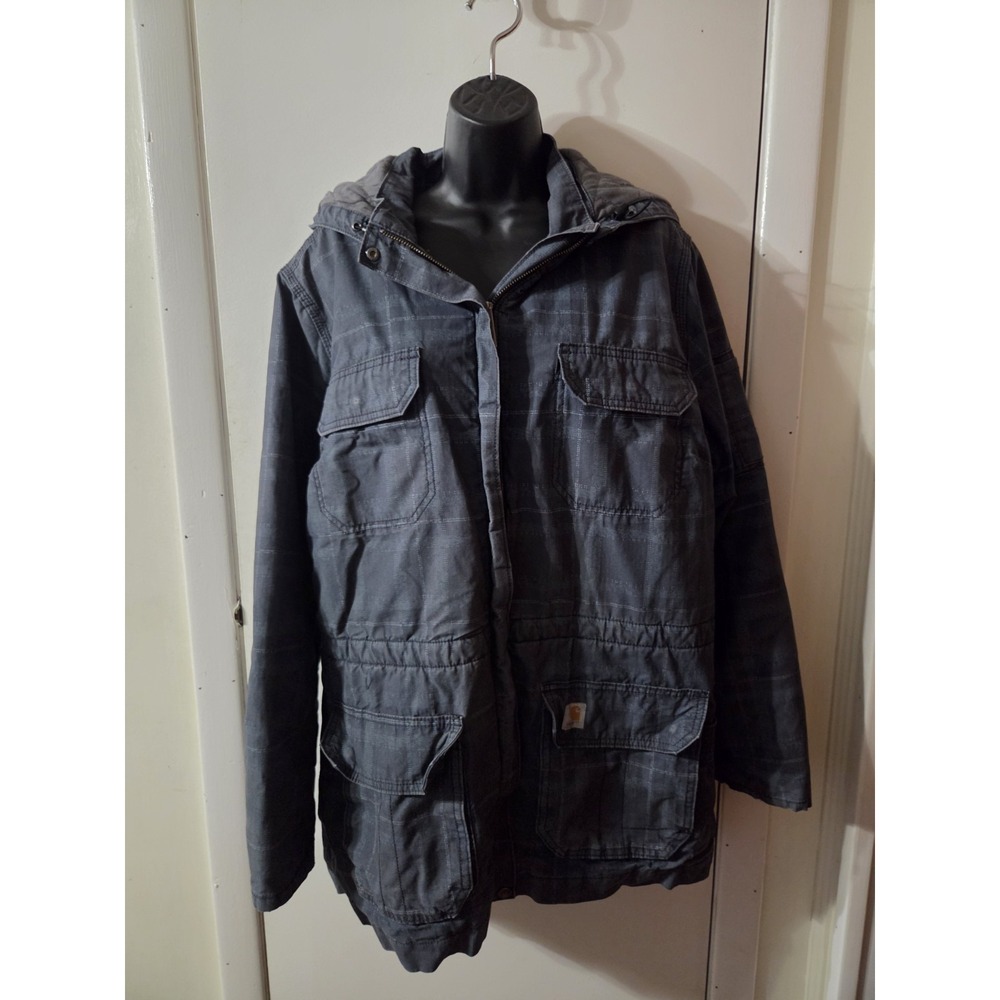 Vtg Carhartt Utility XL 16-18  Navy Plaid Coat Jacket Pockets See pics